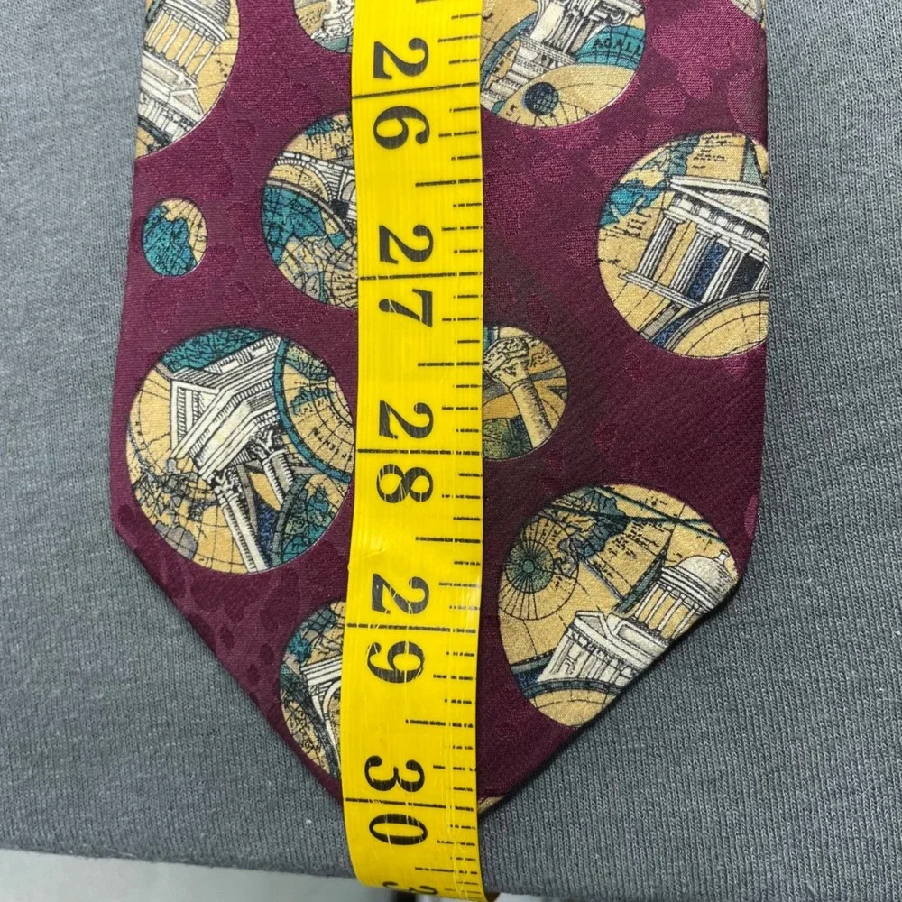 Structure Men Tie Silk Burgundy Architecture Greek Roman Column Vintage 90s Wide